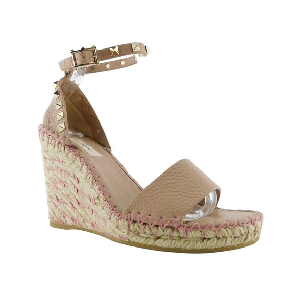 New VALENTINO Rockstud Nude Beige Espadrille Wedge Ankle Strap Sandals 37 - Picture 1 of 10